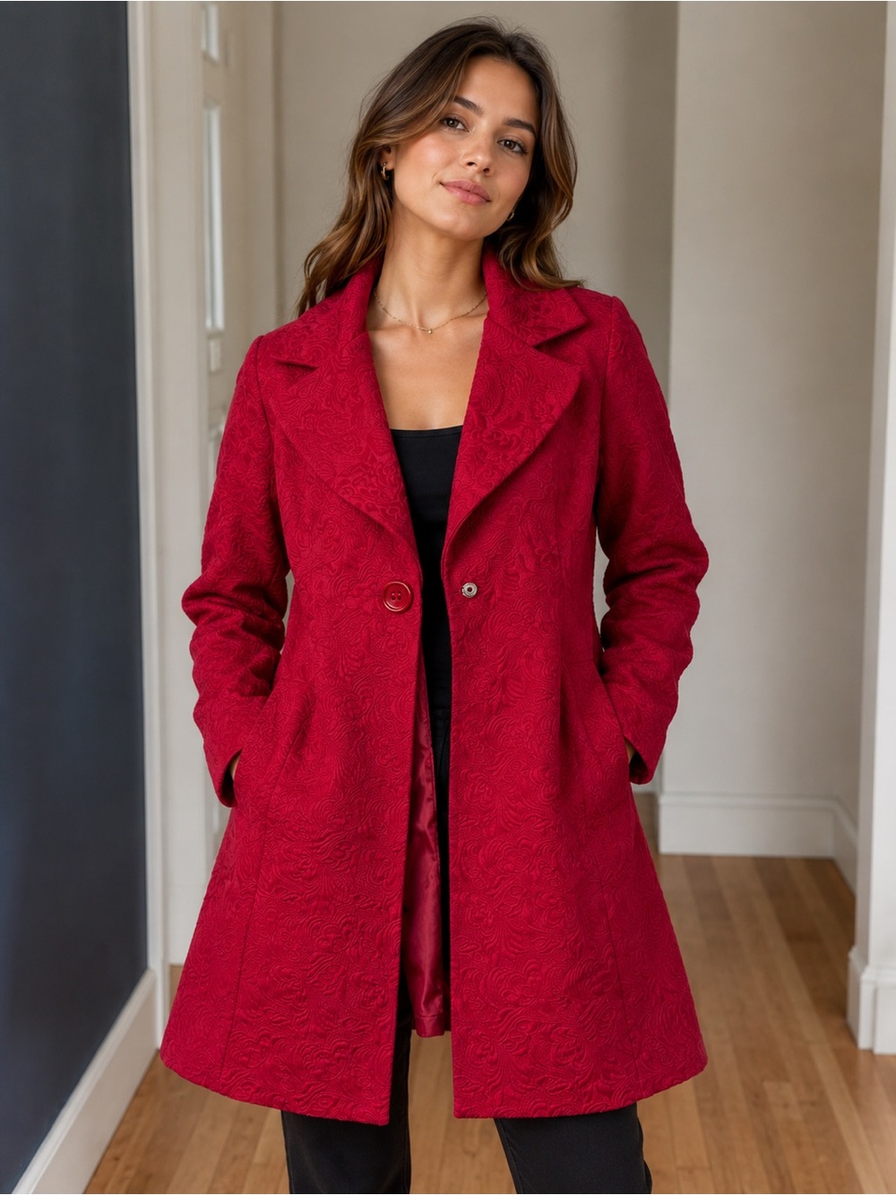 VTG Papillon  Red Textured Single-Breasted Trench Coat Cotton